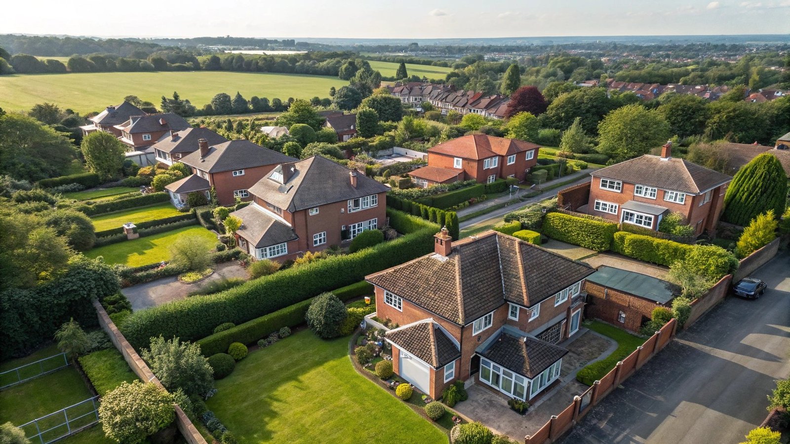 Aerial view of properties showing boundary lines across England and Wales