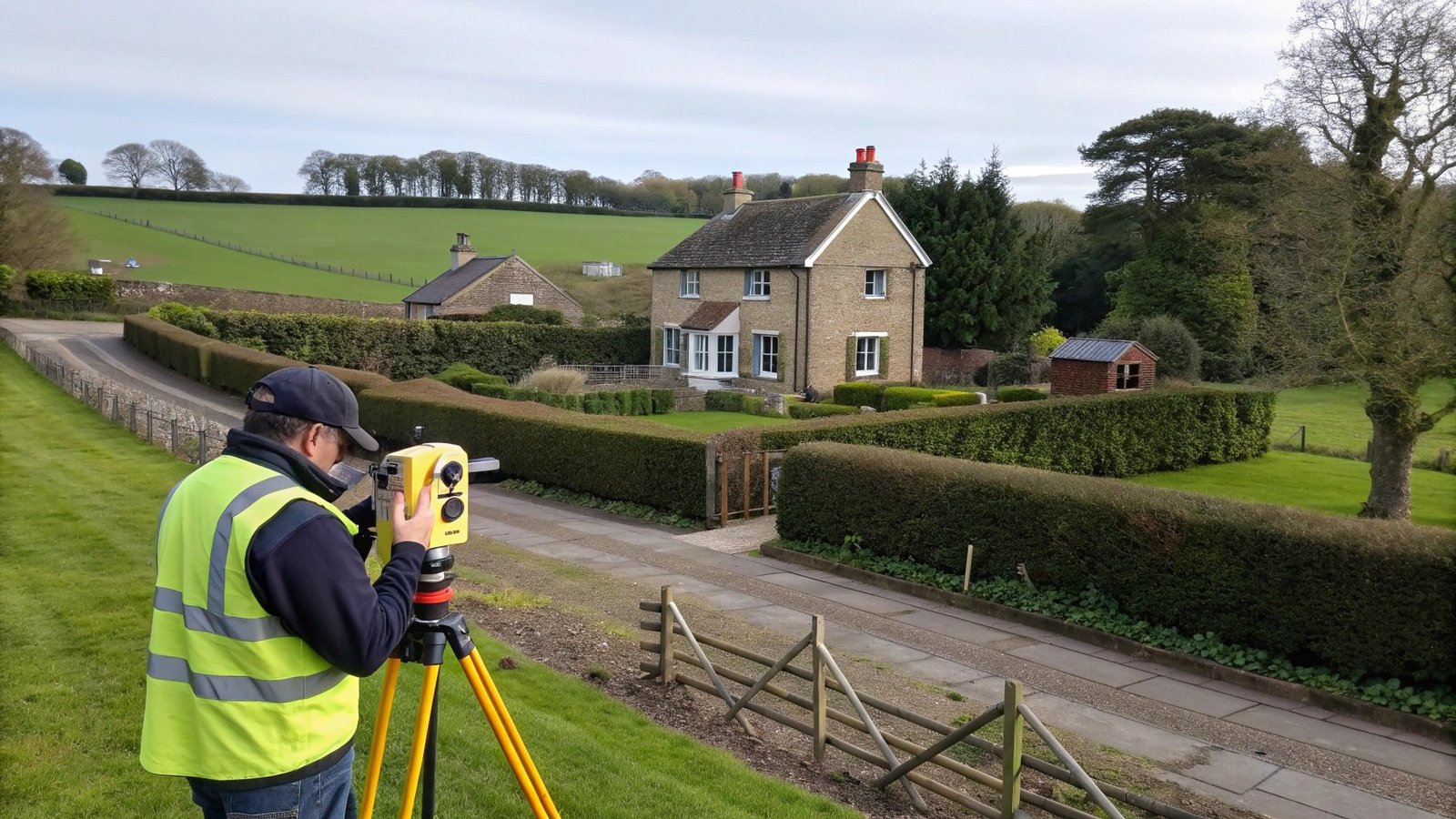 Topographic survey equipment and chartered surveyor at work